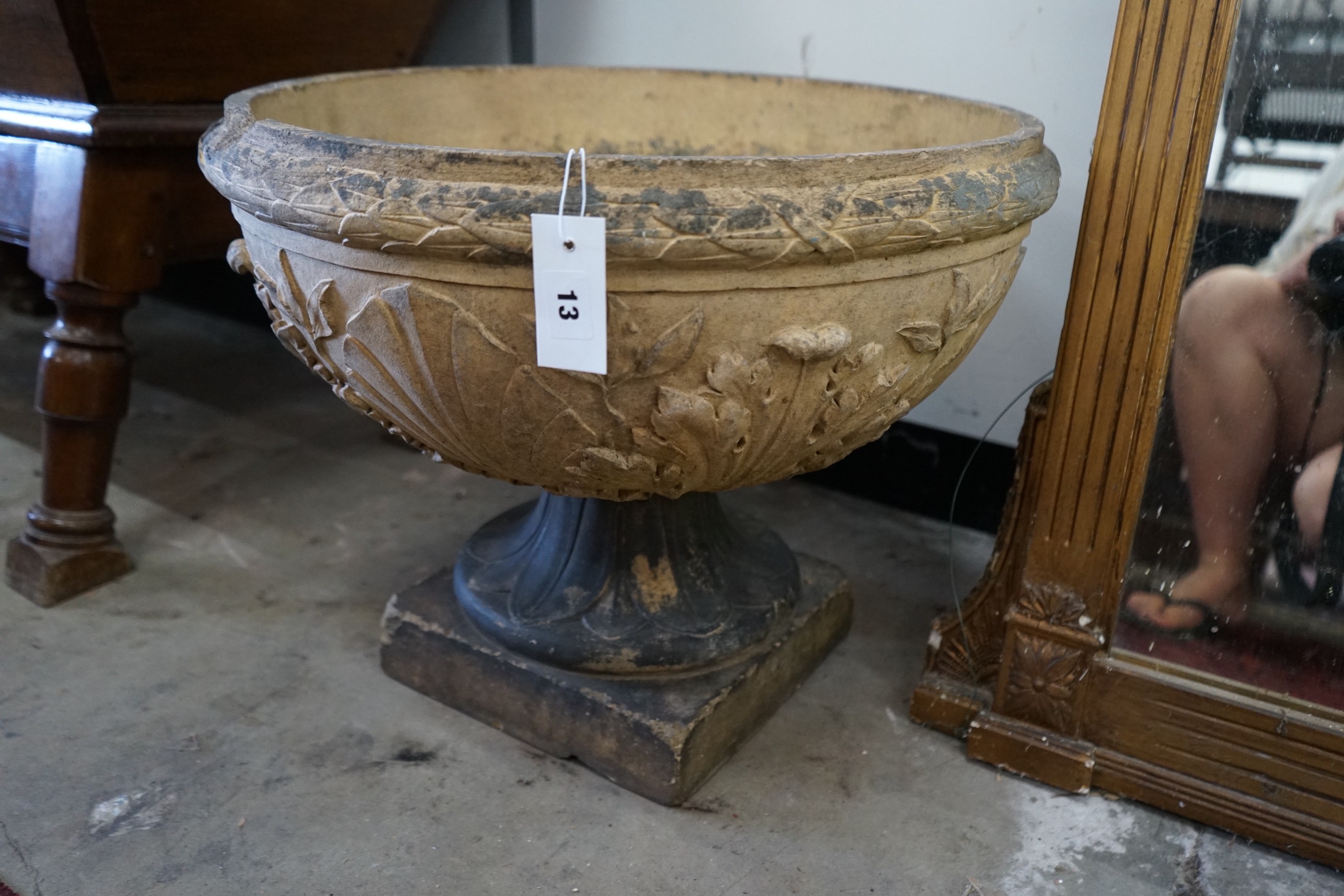 A J M Blashfield Coadestone circular garden urn with acanthus and shell moulded body, diameter 52cm, height 43cm